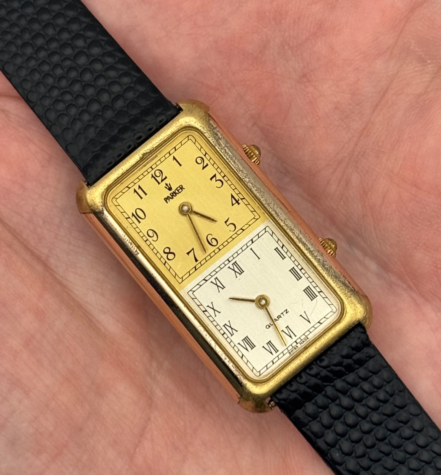 Vintage Parker Dual-Time Zone Quartz Watch – Gold Tone – Tank Style – WORKING !