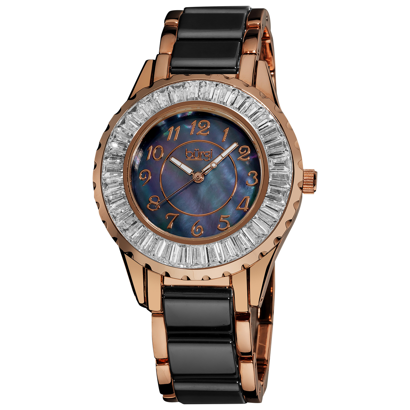 Women’s Burgi BUR066BKR Baguette Bezel Mother of Pearl Ceramic Bracelet Watch