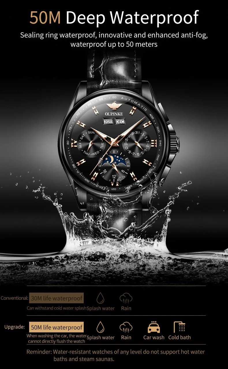 Automatic Mechanical Watch Waterproof Moon Phase Luxury Men Men’s Strap