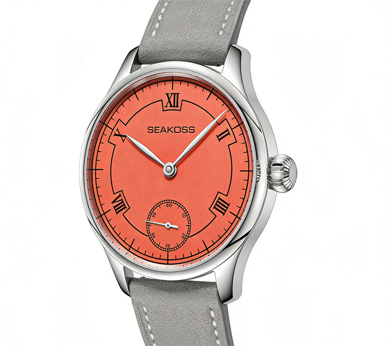 SEAKOSS Manual Wind Mechanical Watch Orange Roman Dial Small Seconds Gray Leathe