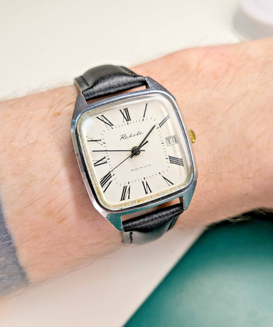 Raketa 2614 Square Vintage Watch Soviet USSR Men Roman Date Mechanical 1970s