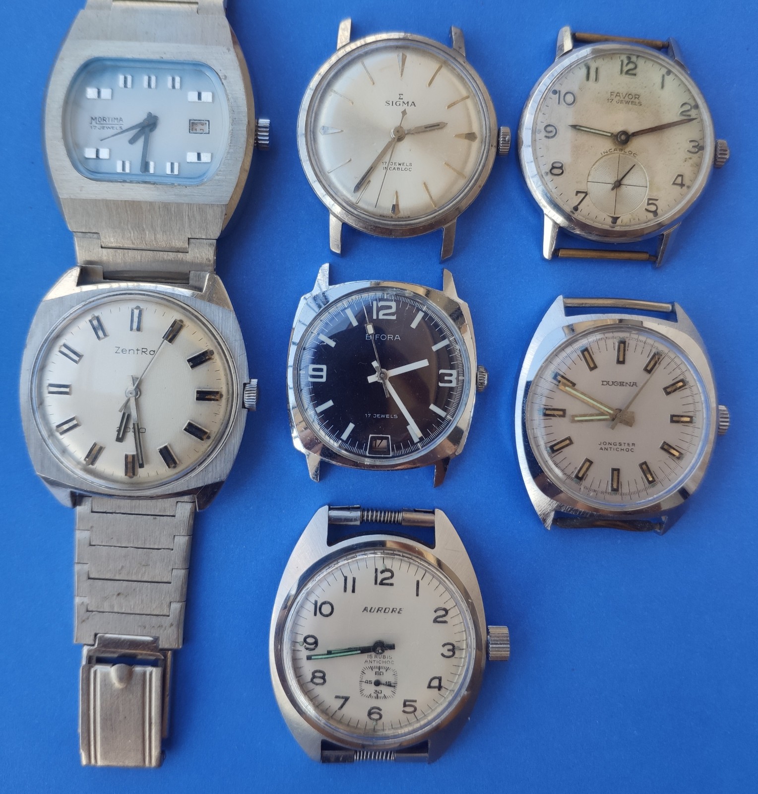 Lot of 7 vintage men’s watches Bifora Mortima Favor Dugena Zentra Sigma Aurore