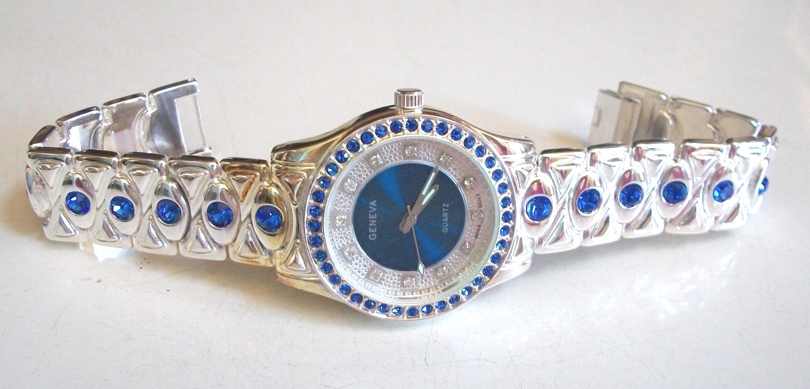 Men’s bling clear, blue & silver finish dressy fashion watch