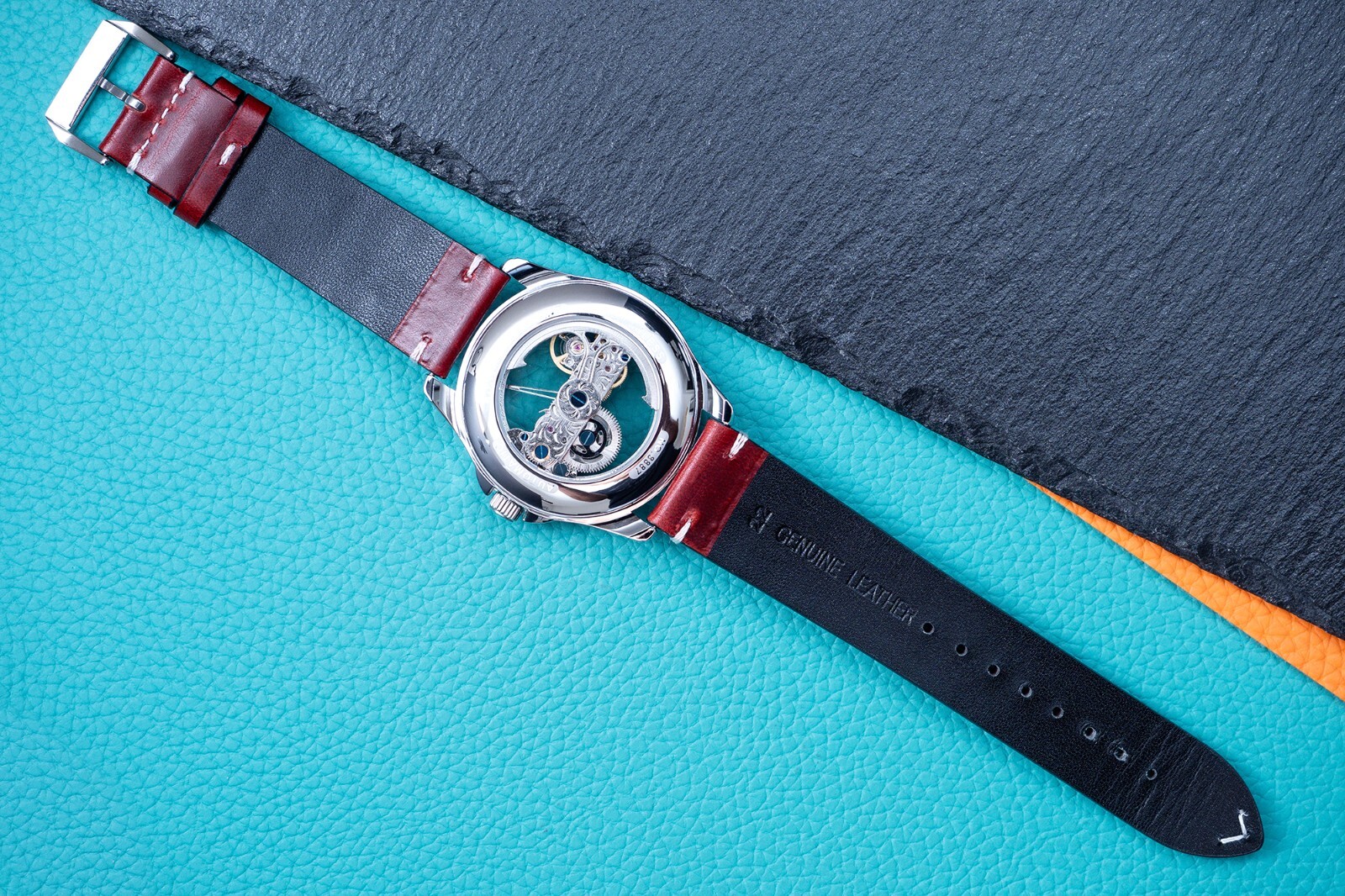 Mens Silver Automatic Mechanical Watch Bridge Rainbow Cubic Oil Waxed Dark Red