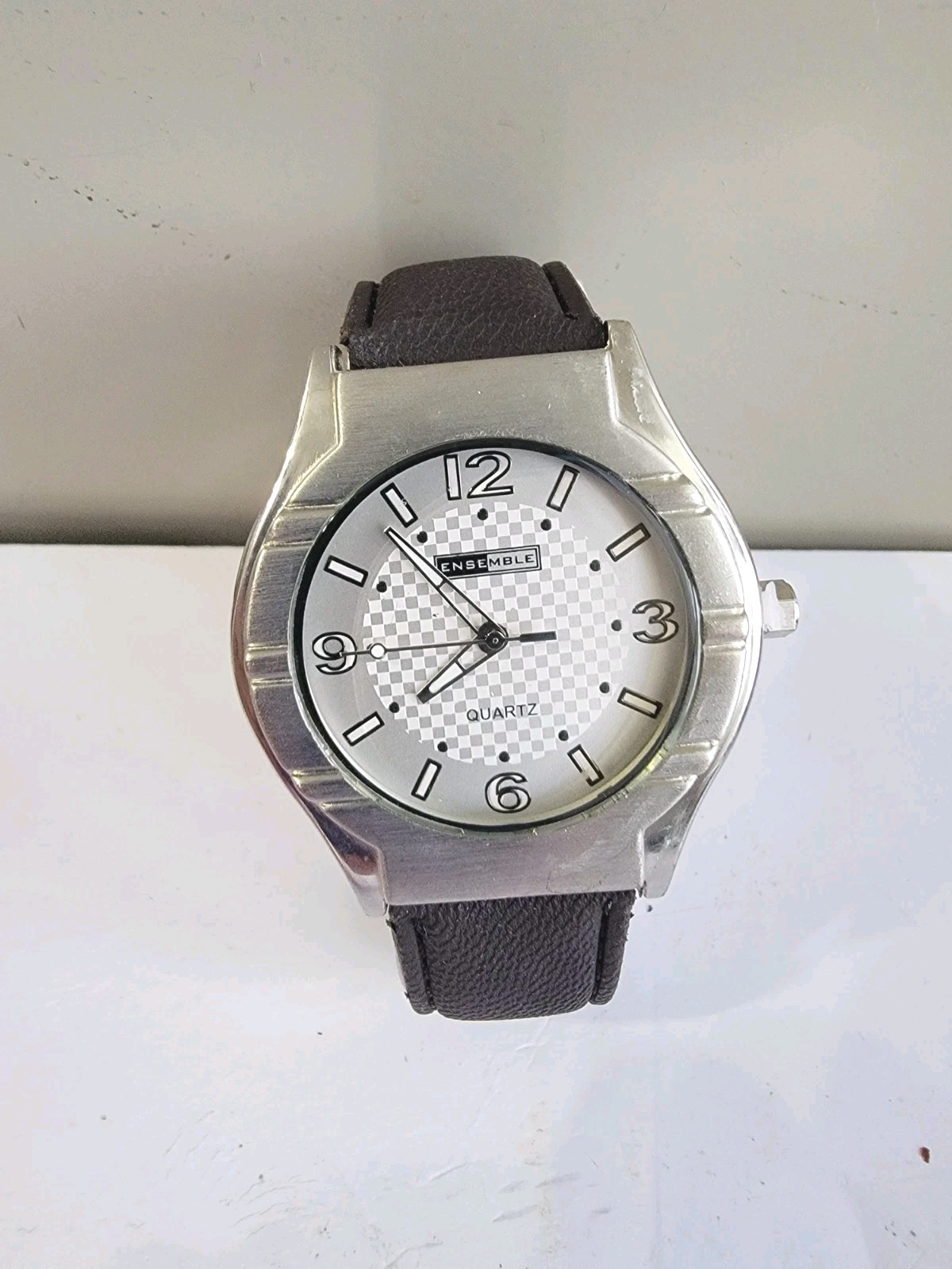 Ensemble Men’s Quartz Watch, Silver Tone Case, Checkered White Dial, Black…