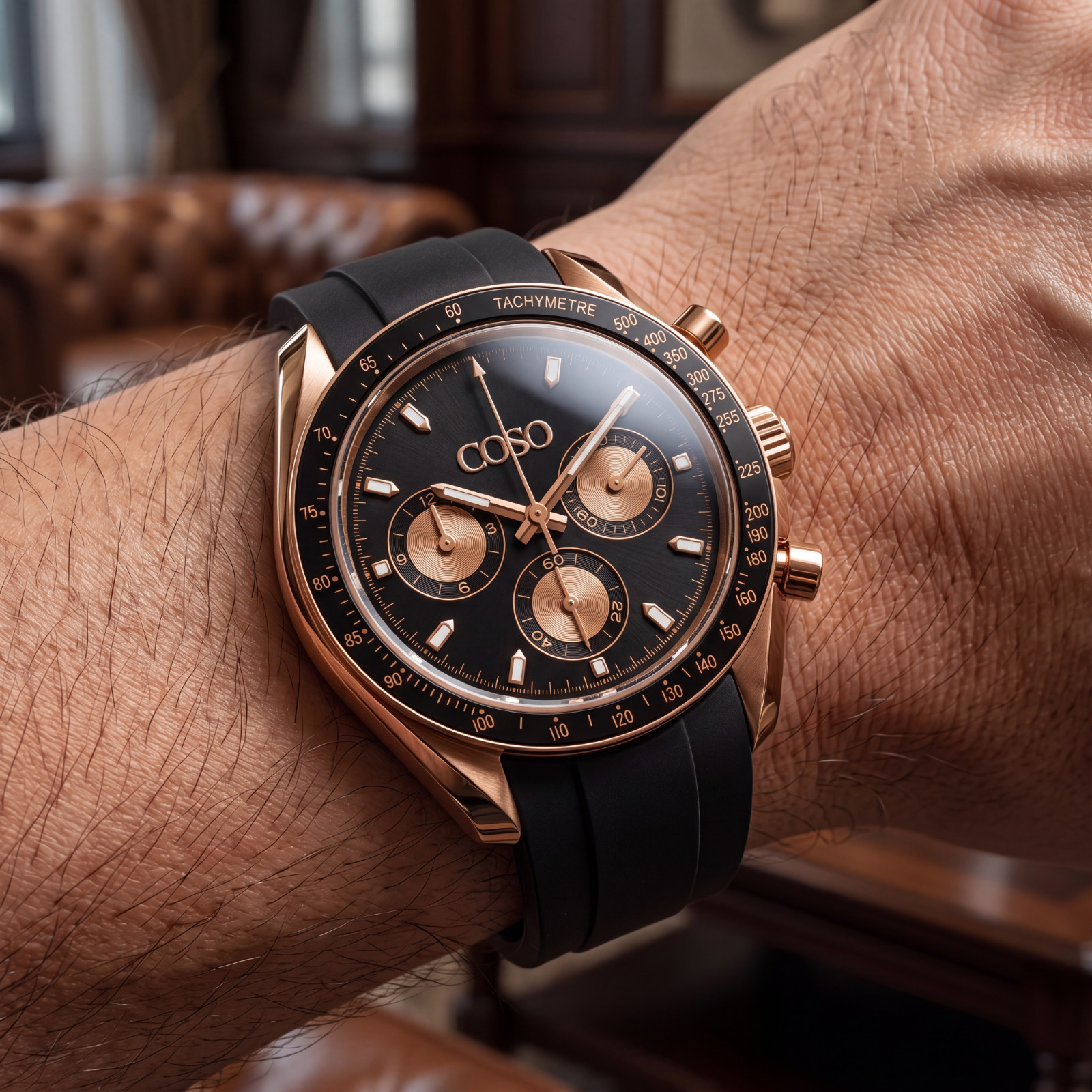 COSO Torvex Chronograph Mens Watch Rose Gold Black Dial Black Rubber Strap