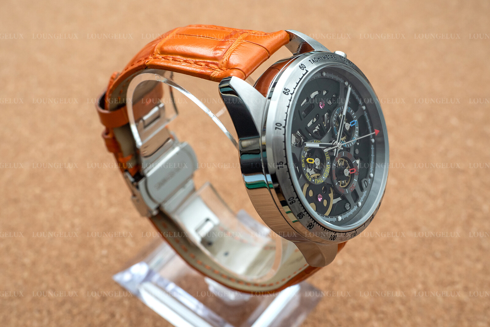 Mens Automatic Mechanical Watch Date Day Watch Silver Black Orange Leather