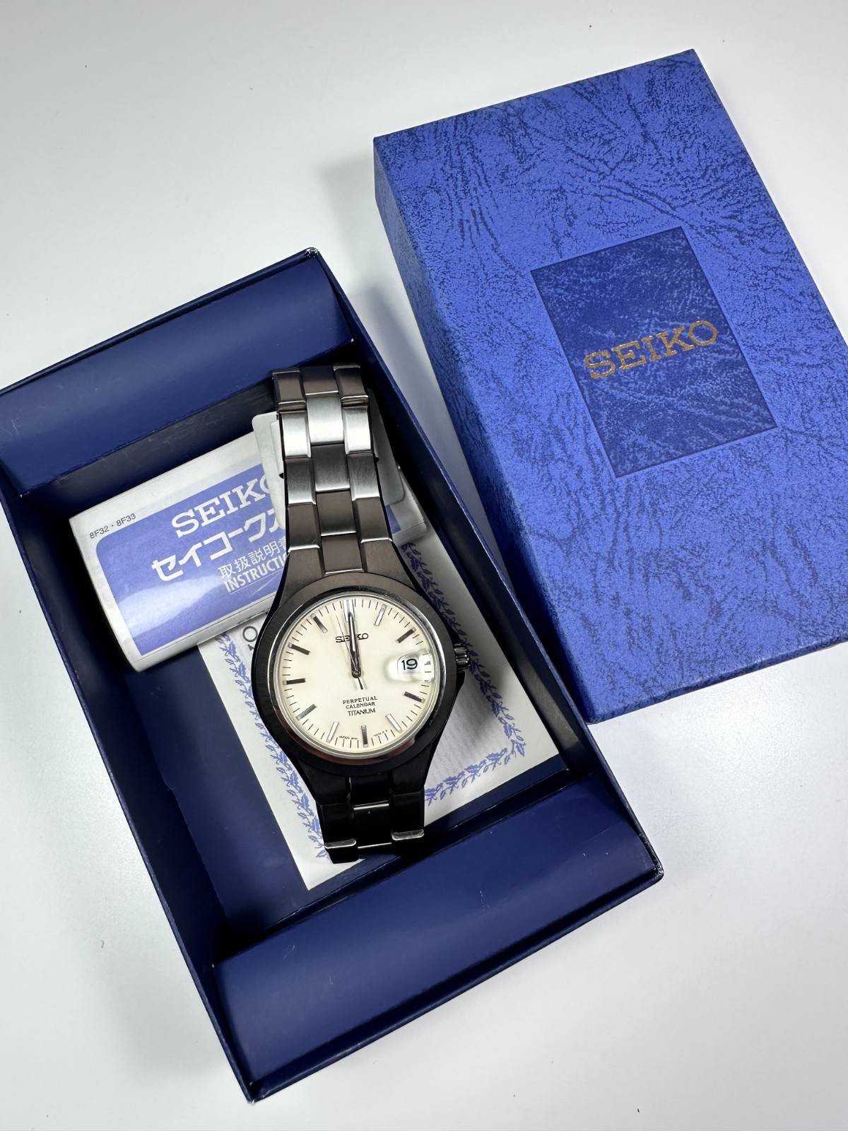 NEW SEIKO 8F32 0220 Perpetual Calendar Quartz Titanium Watch Mens Vintage