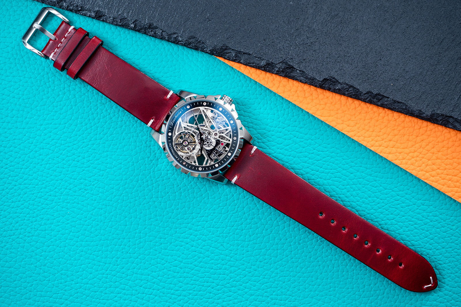 Mens Silver Automatic Mechanical Watch Dark Red Oil Waxed Leather Strap Gift