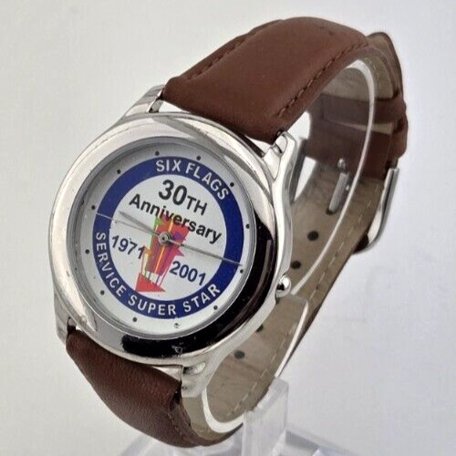 Six Flags 30th anniversary Service Award Watch w Brown Leather Band NEW BATT