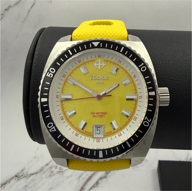 Zodiac Sea Dragon ZO2225 Yellow Dial Quartz 100m Cushion Case Divers Watch Date