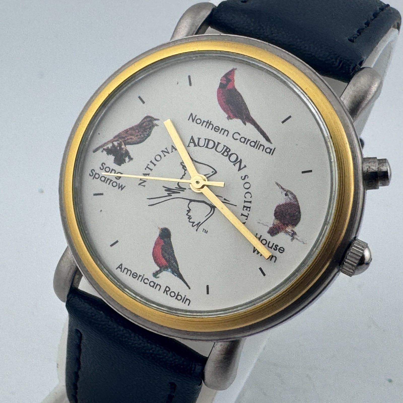 Nat’l Audubon Quartz Watch Men Dual Tone Leather Playing Bird Sound New Battery