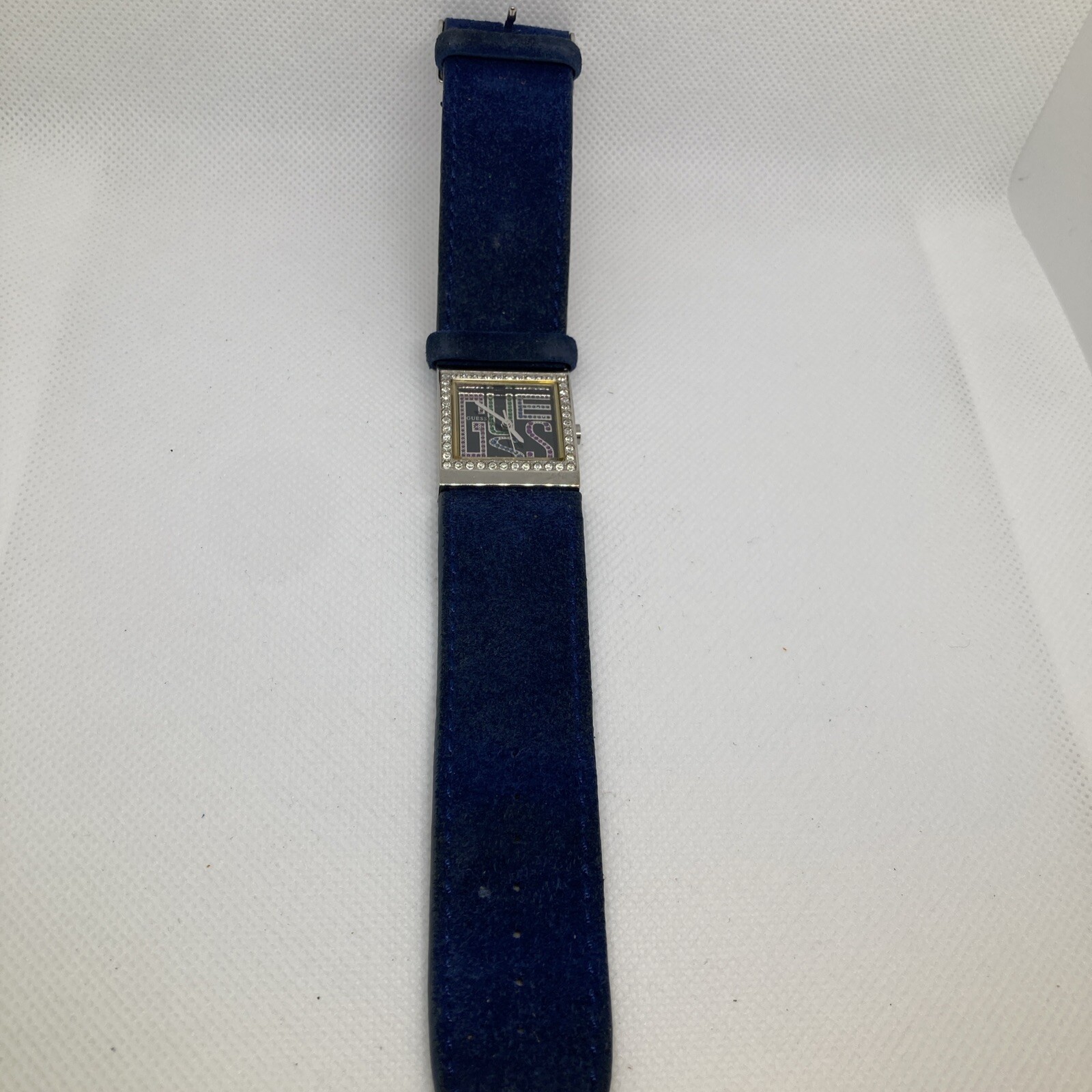 Unique Multicolor Jeweled Working Guess Watch, Blue Genuine Leather Band