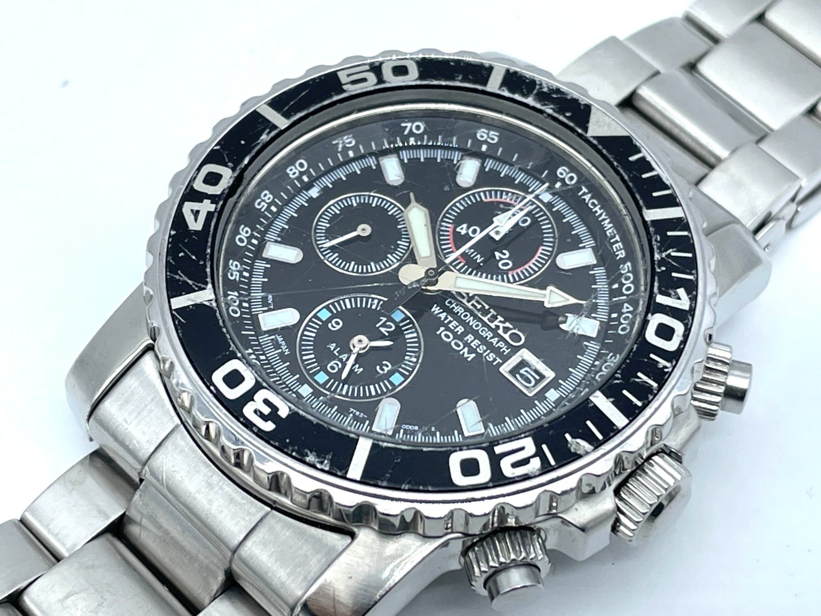 SEIKO Men’s Chronograph Watch Quartz Black Dial Alarm Band size 7.5in 7T62-0CV0