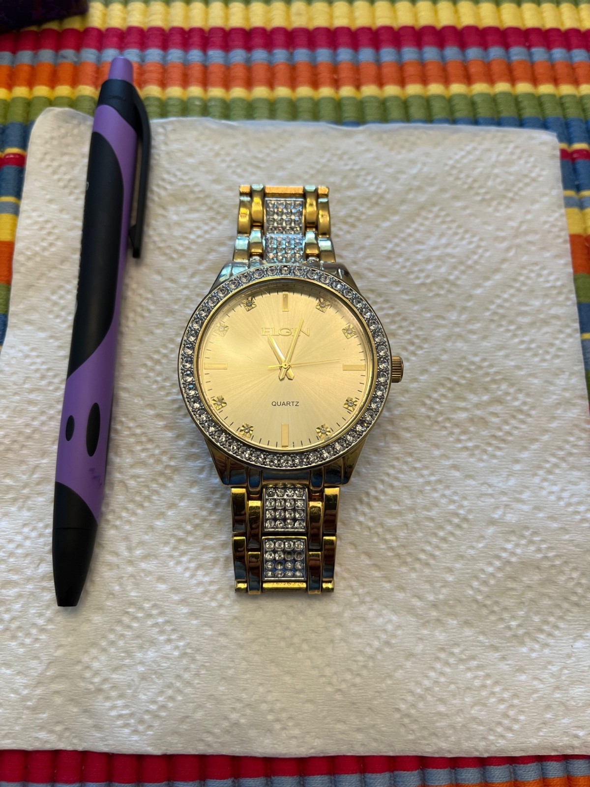 Mens Elgin Luxury Elegant Gold Tone Sparkly Dress Stainless Steel Watch