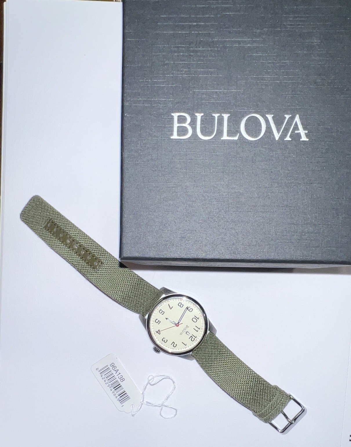 Bulova Men’s Military Quartz Watch Beige Arabic Dial Green Canvas Leather Band