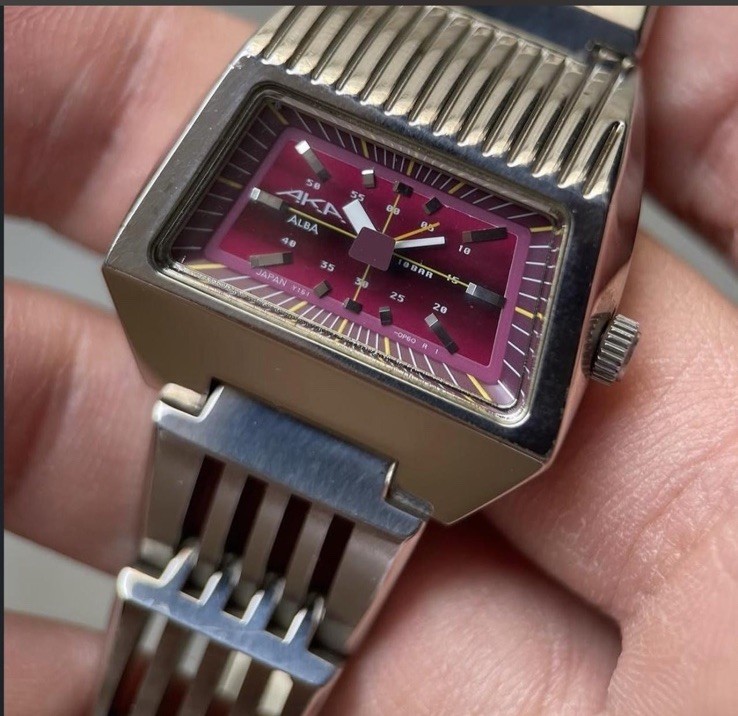Alba AKA Quartz Rectangle Watch Purple Dial Silver Stainless Bracelet 100m
