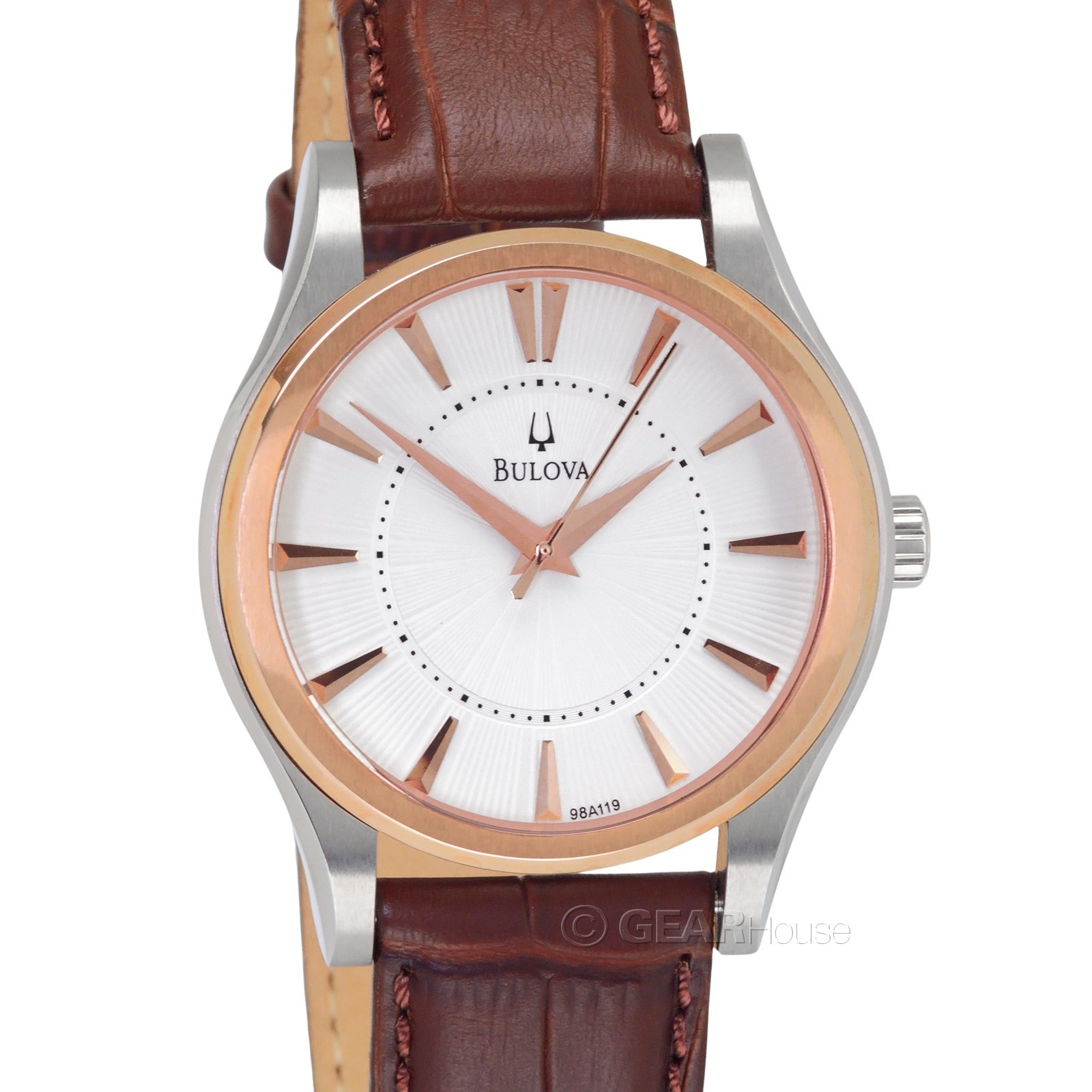 BULOVA Classic Mens Two-Tone Rose Gold Watch, White Dial, Brown Leather Band