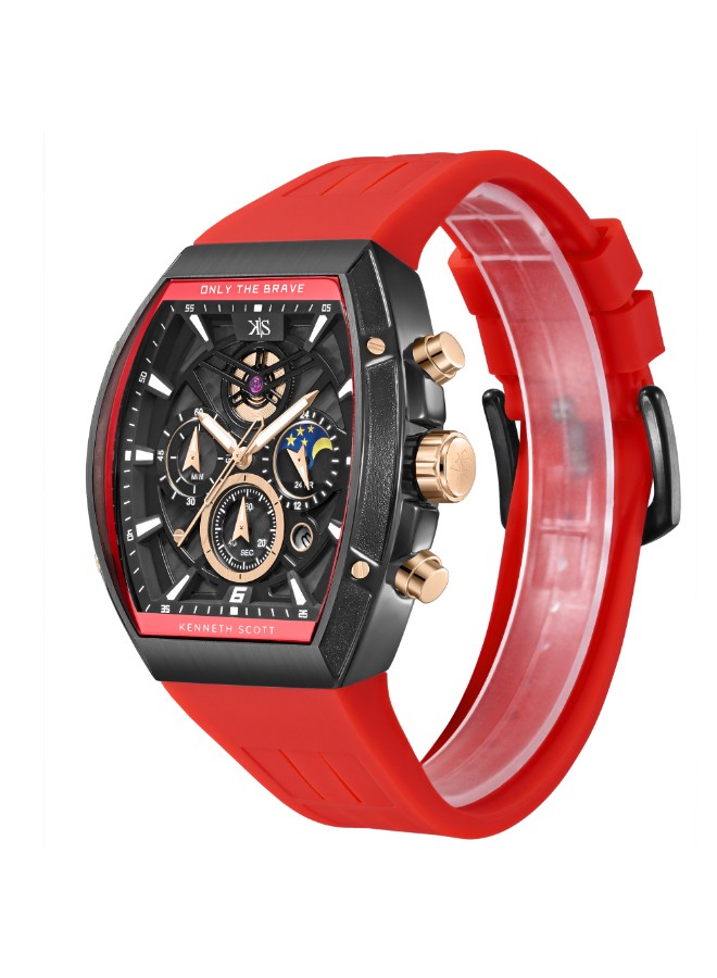 Kenneth Scott Men’s Chronograph Watch | Black Dial, Red Band, 44mm, 30 m (3 ATM)