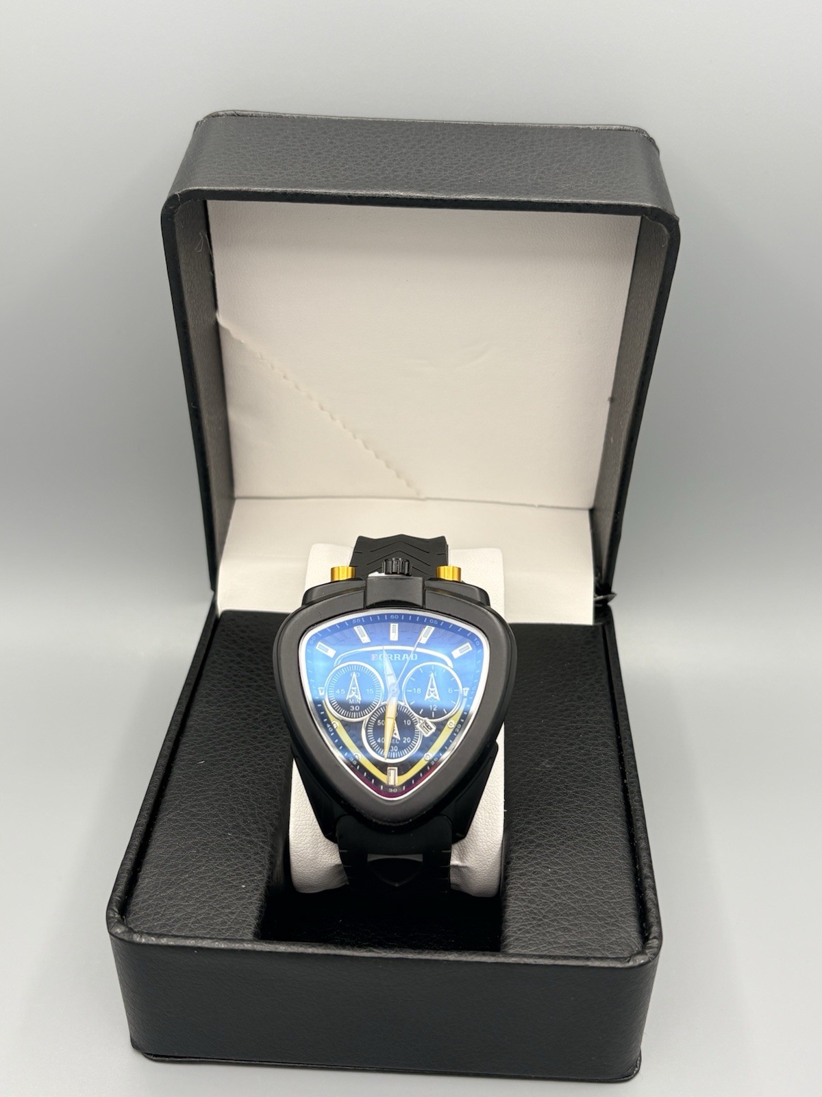 FORRAD Men’s Triangle Shield Watch Blue Dial Black Silicone Strap New In Box