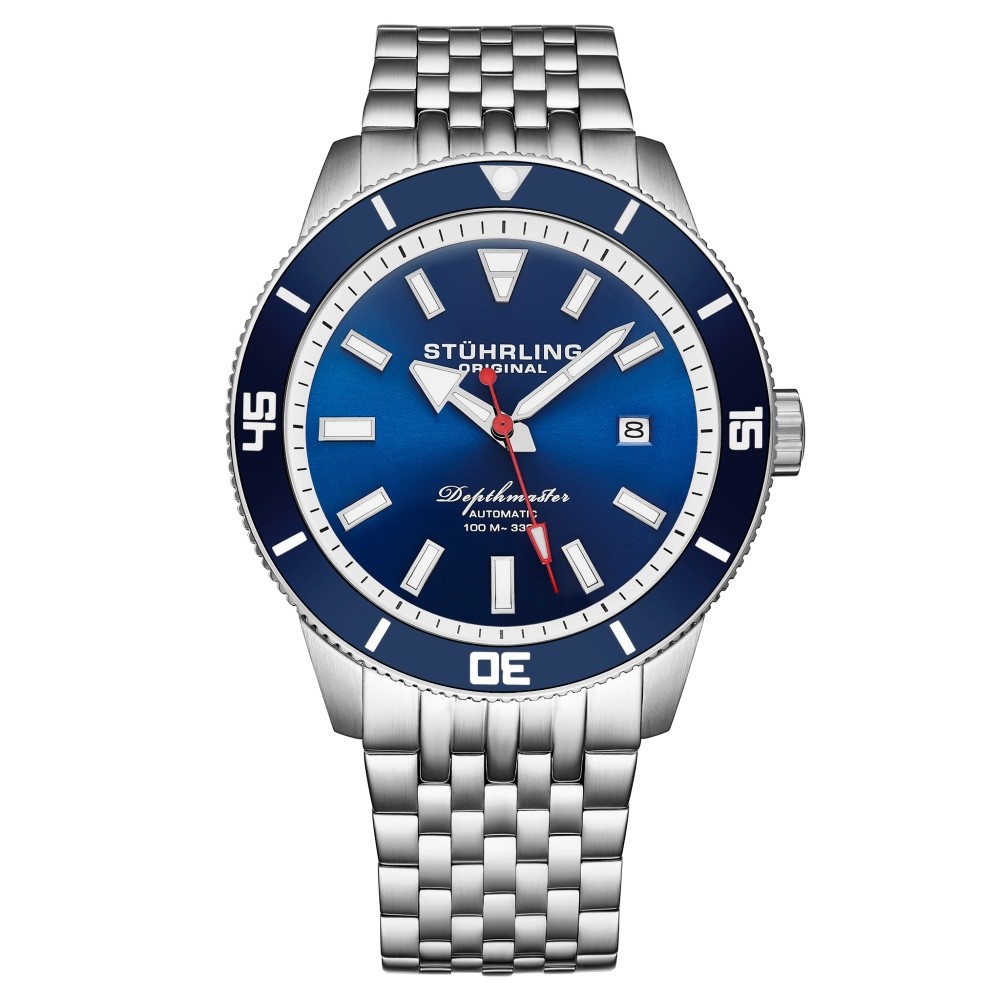 Stuhrling 4086 2 Aquadiver Depthmaster Automatic Date Blue Dial Mens Watch
