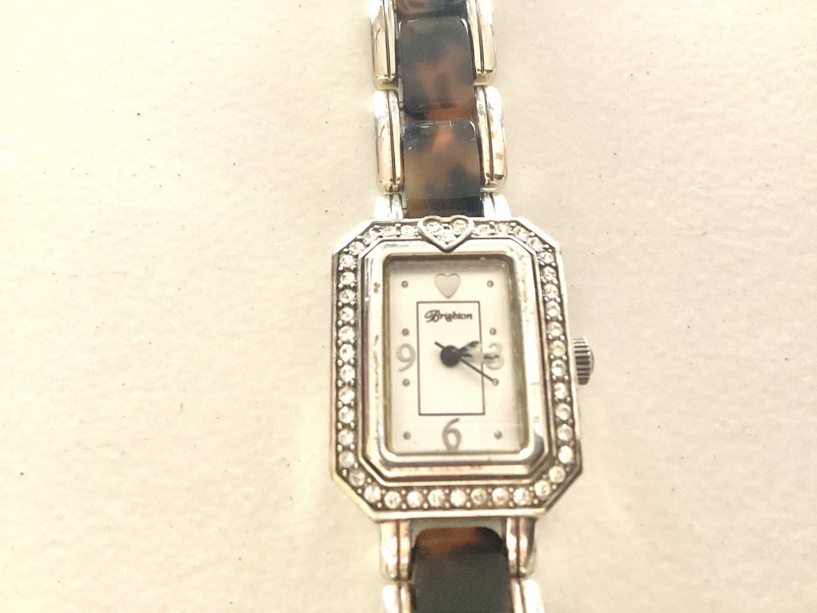 Brighton Encino Watch Tortoise Shell Clear Crystals Silver Needs Battery Small