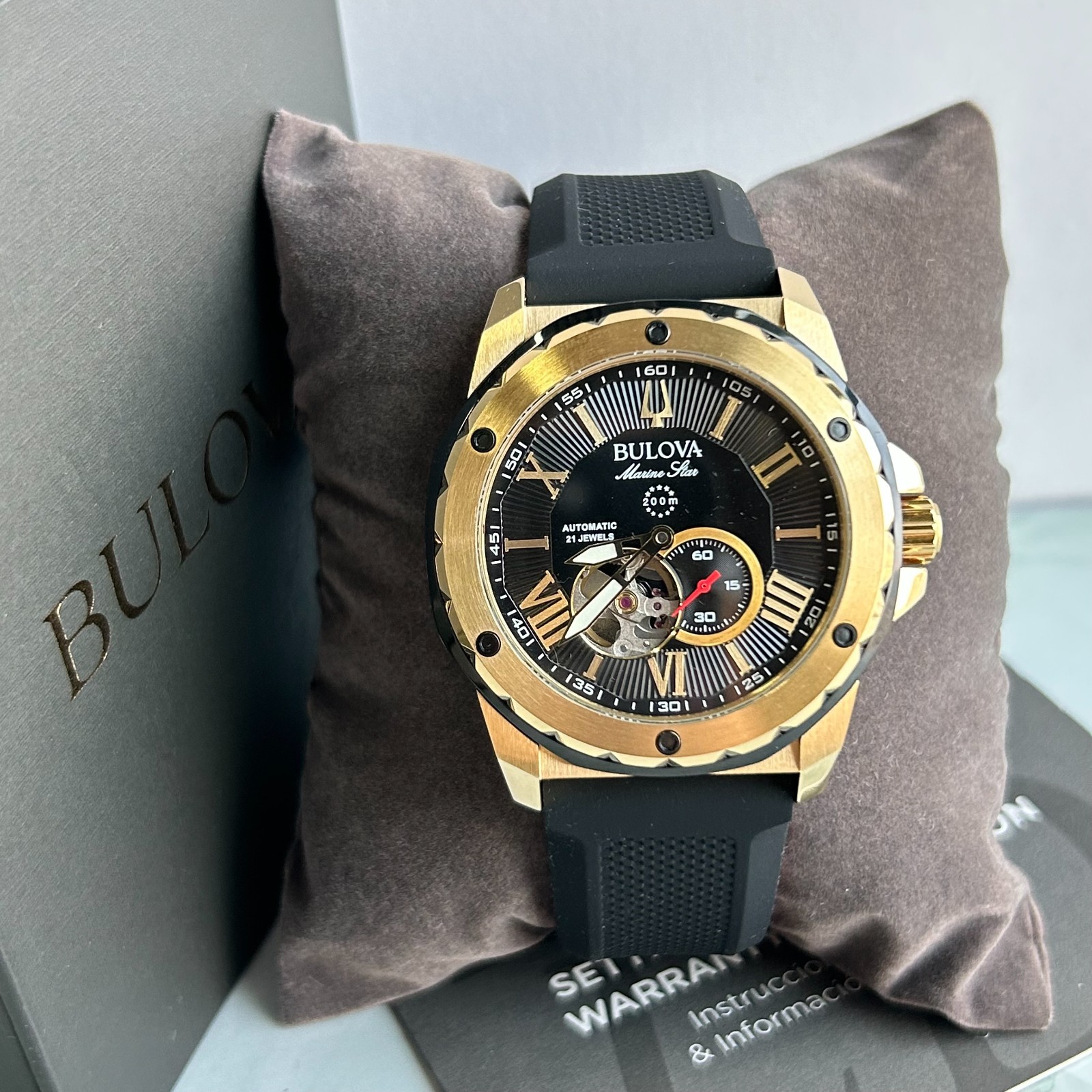 Bulova Marine Star 98A272 Black/Gold Dial Silicone Men Automatic Watch 45mm New