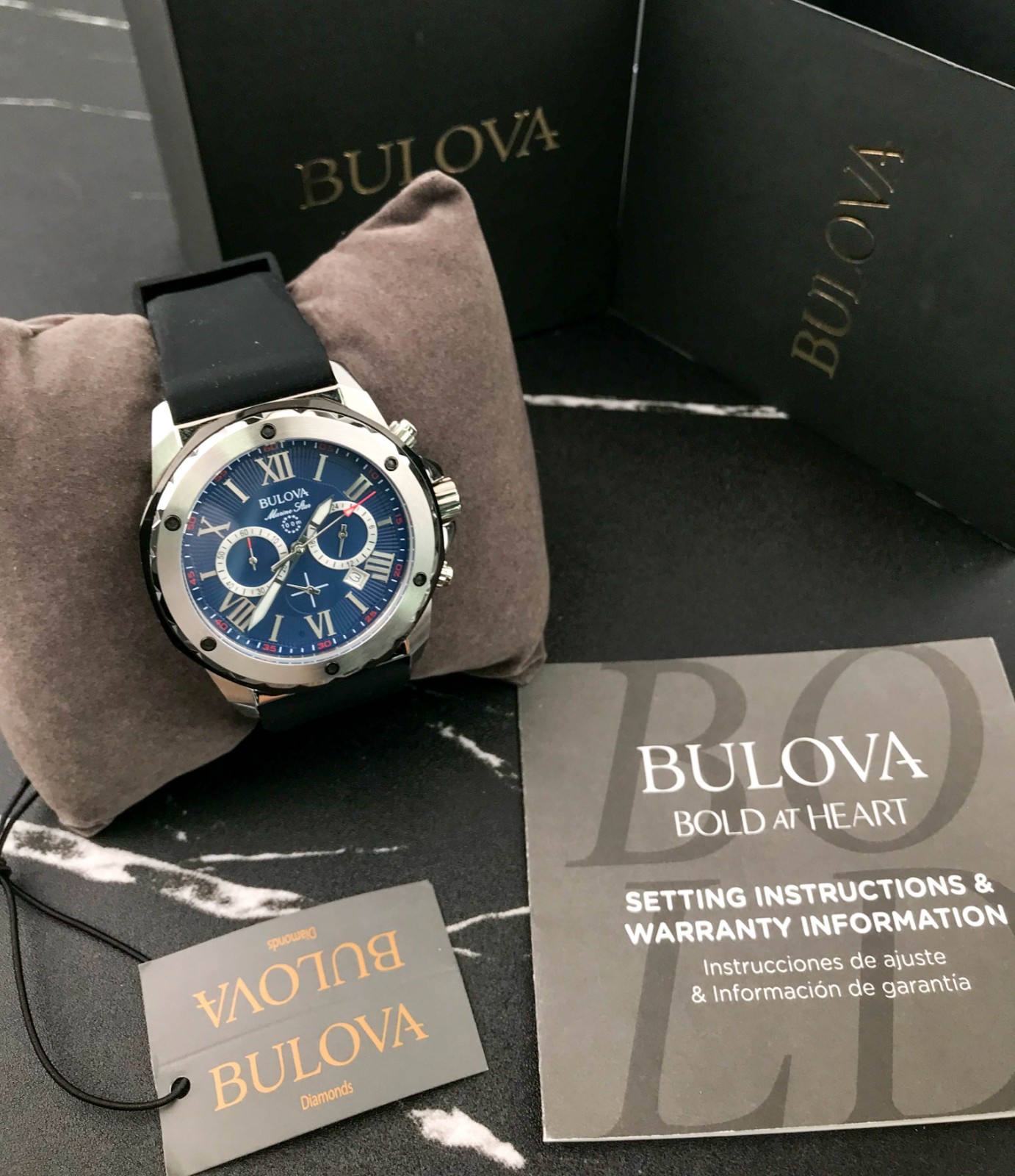 Bulova Marine Star 98B258 Blue Dial Black Silicone Strap Watch for Men 44mm