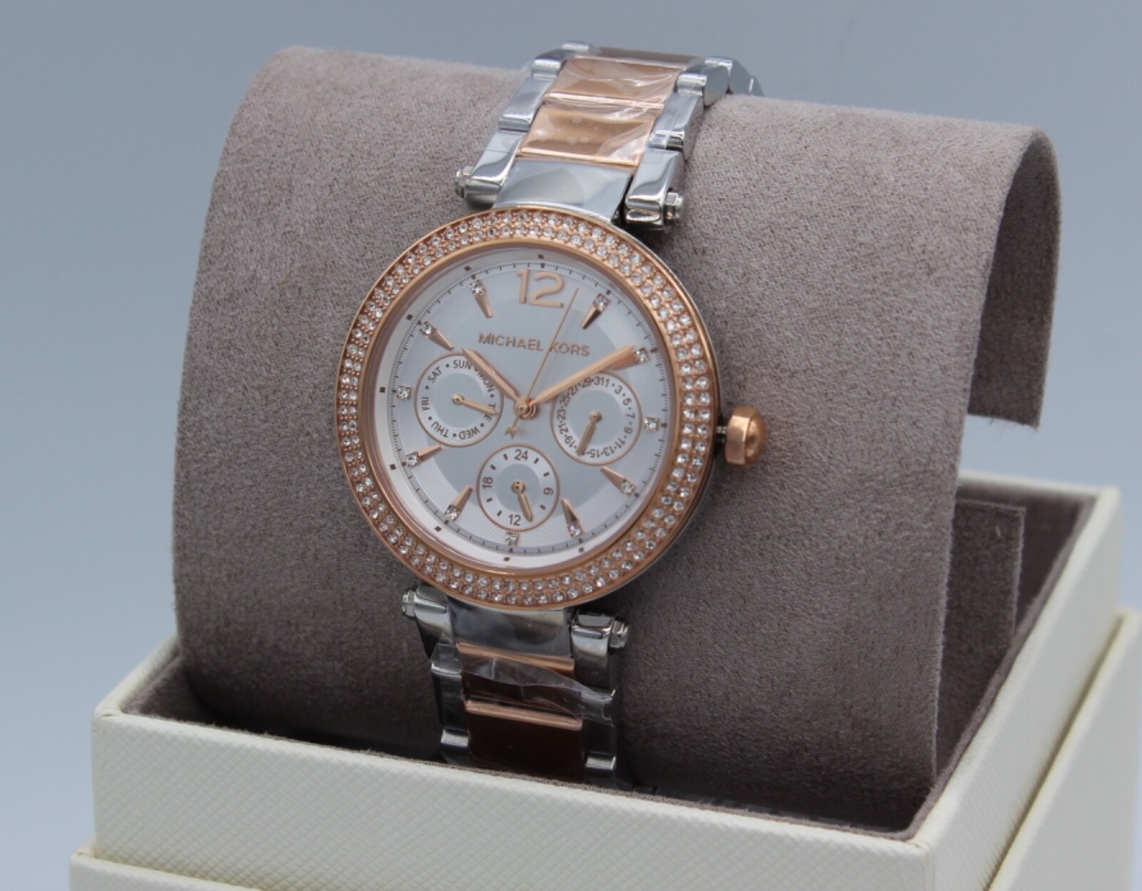 NEW AUTHENTIC MICHAEL KORS PARKER CHRONO SILVER ROSE GOLD MK6301 WOMEN’S WATCH