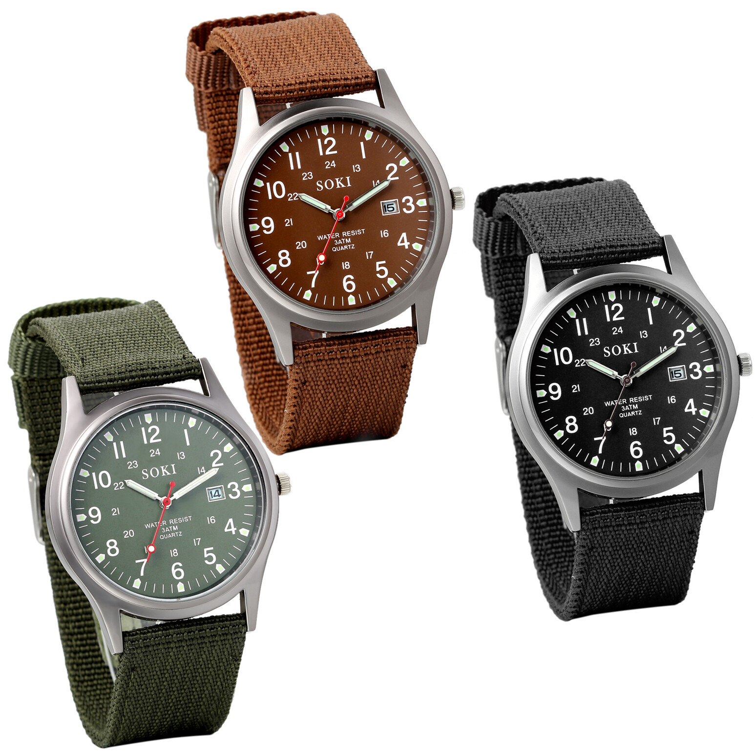 Mens Watch Easy Reader Date Leather Strap Watch Military Wrist Watch Canvas Band
