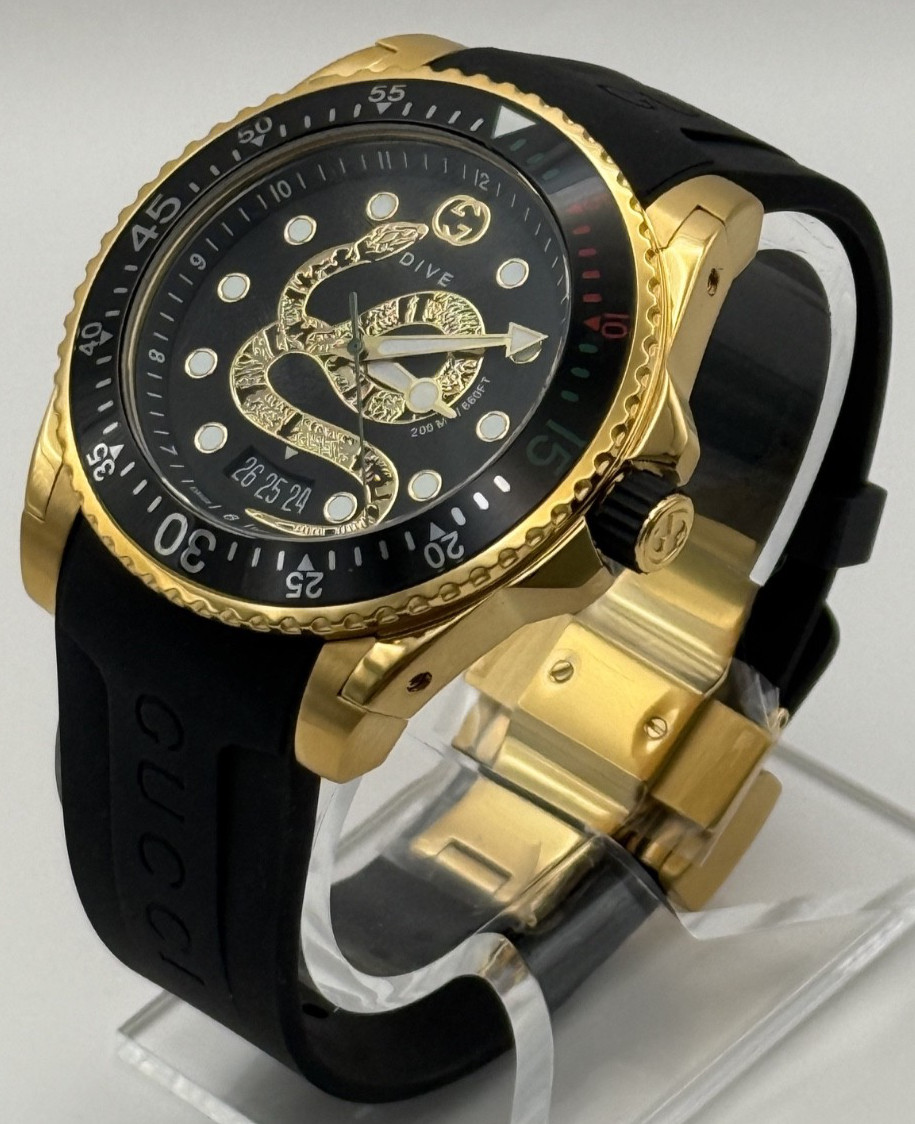 Gucci Dive Black Dial Gold-Tone Rubber Strap 45mm. Men’s Watch YA136219