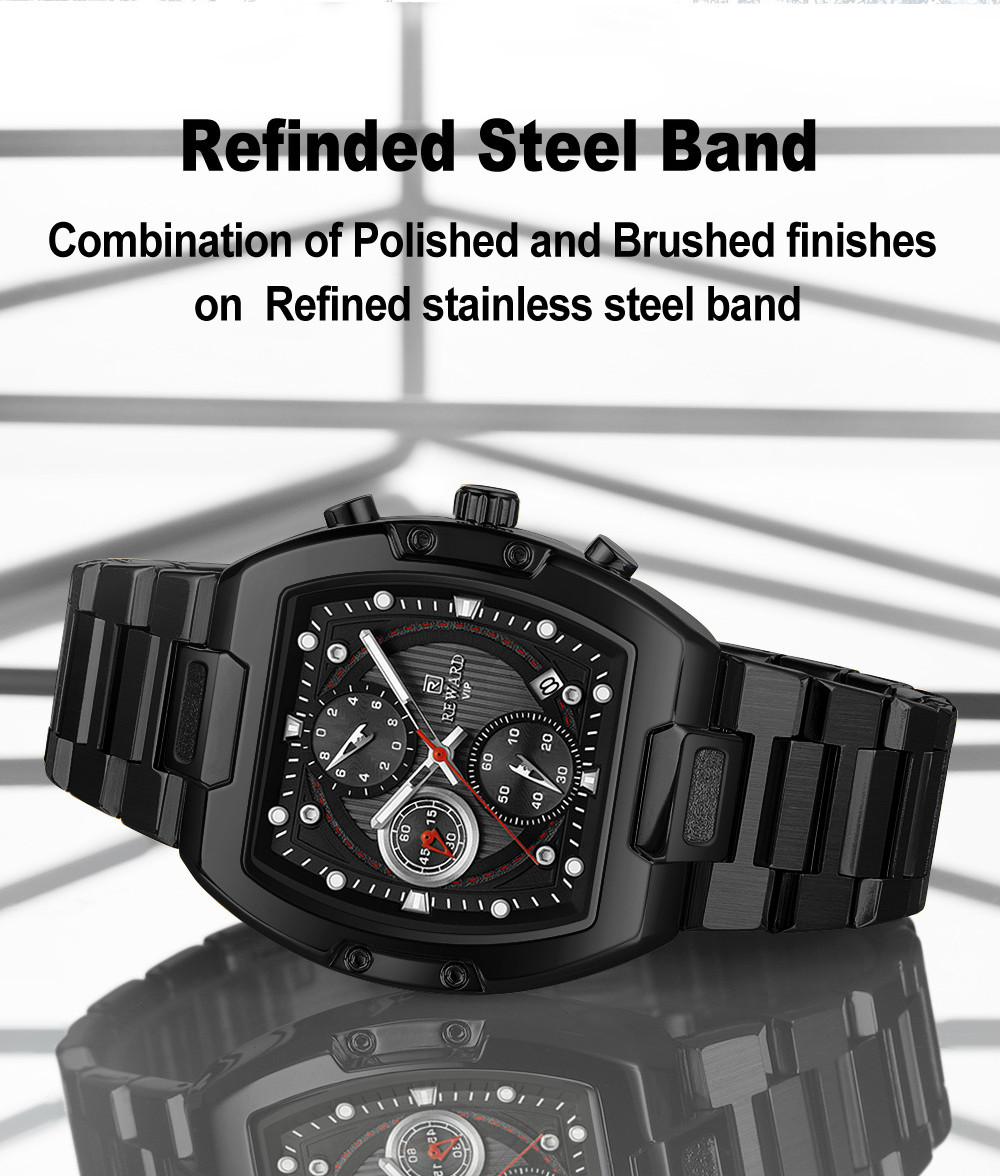 REWARD Men’s Tonneau Multifunction Chronograph Calendar Luminous Quartz Watch