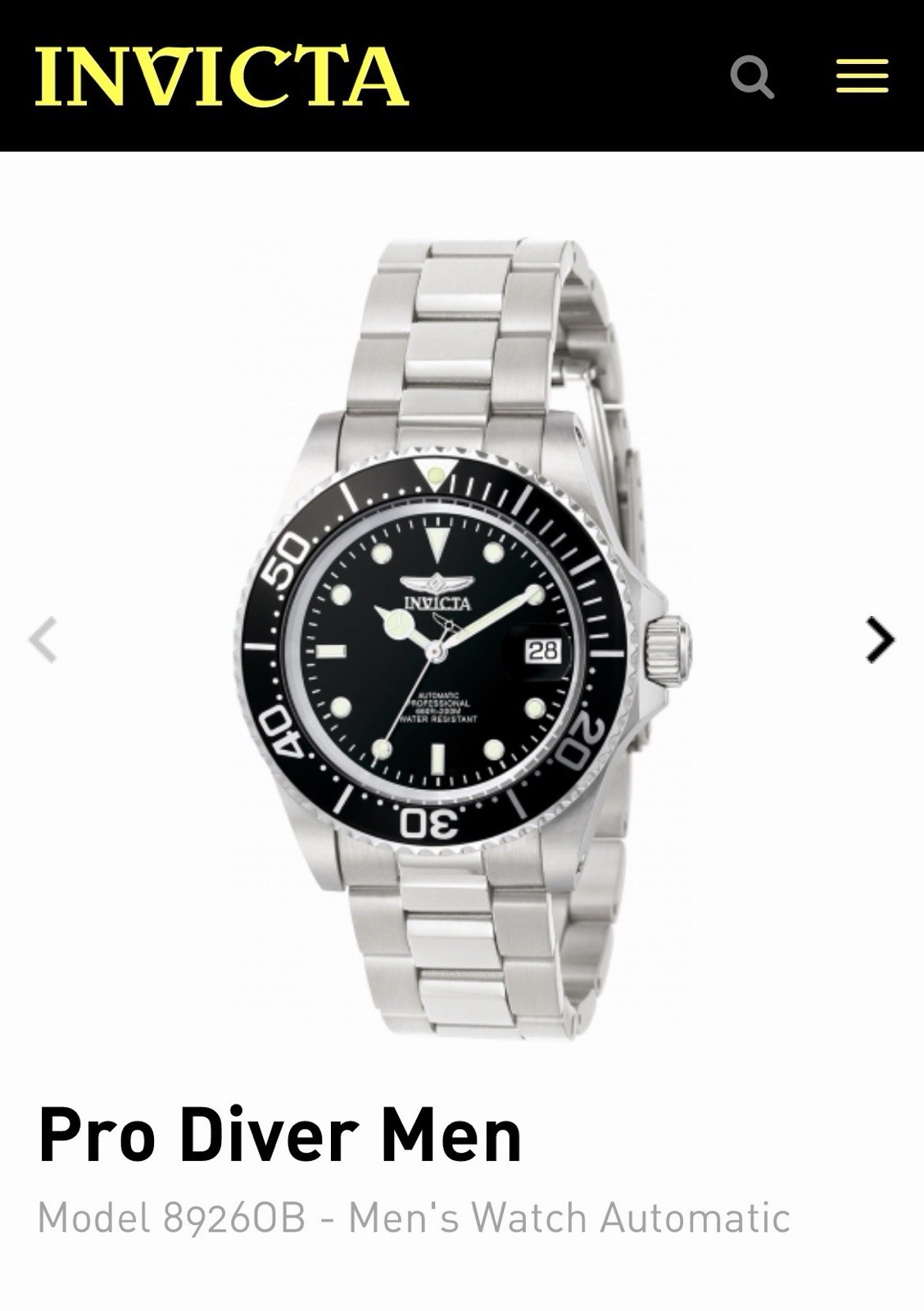 Invicta Pro Diver Men’s Automatic Date 200m 40mm Black Dial Steel Bracelet89260b