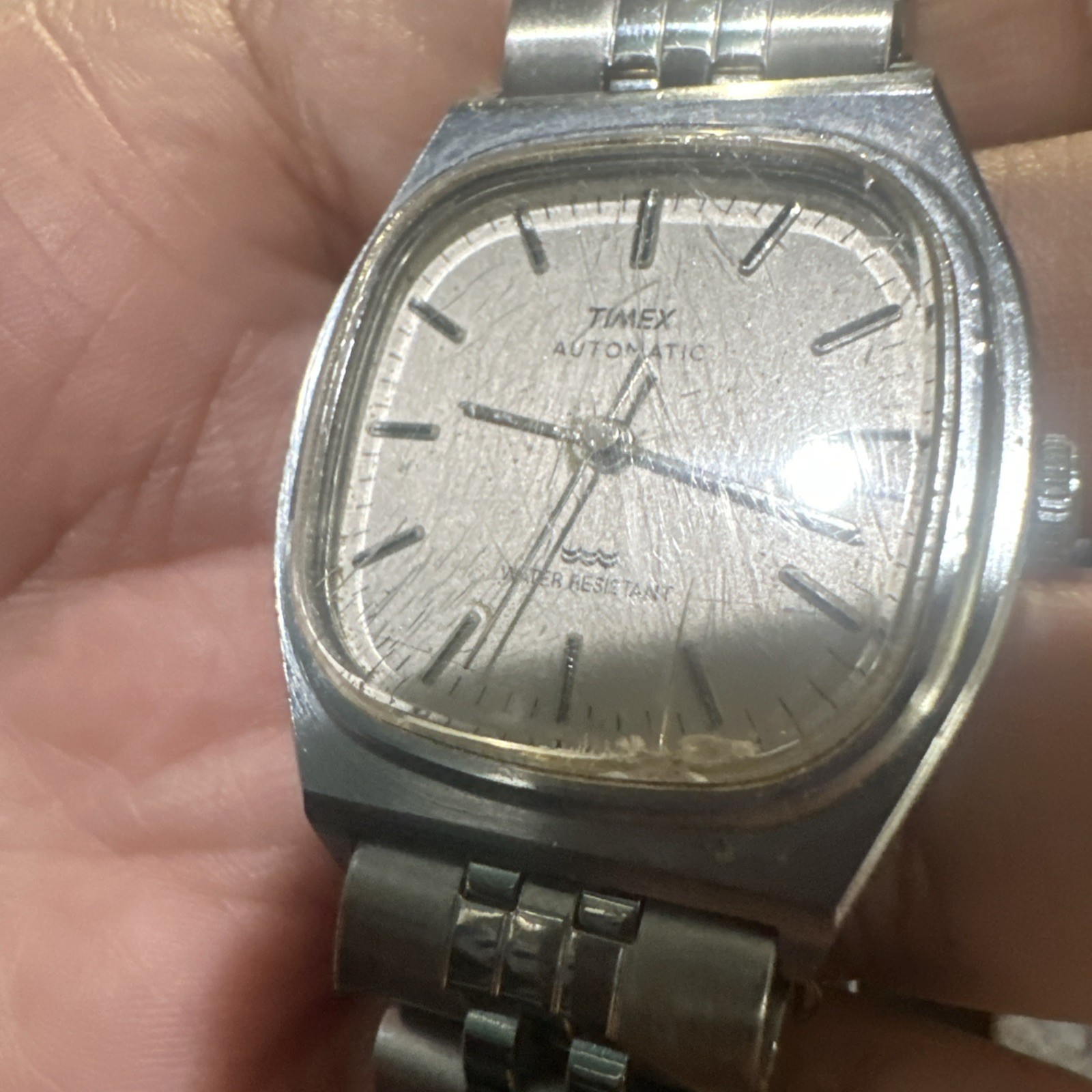 Working Vintage Timex Automatic Mens watch Silver Tone Steel 34mm Fit 7.5 Runs
