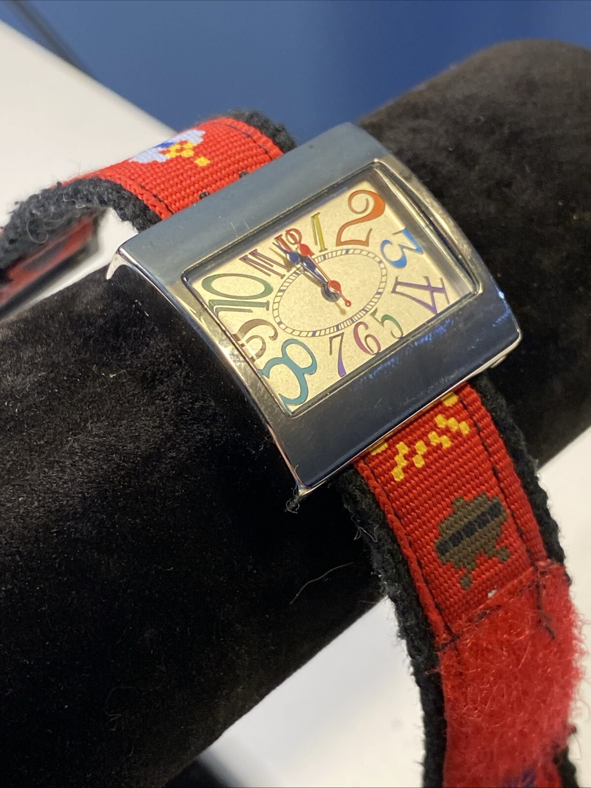 Quartz Wristwatch Silver Tone Rectangle Face Colorful Numbers Colored Nylon Band