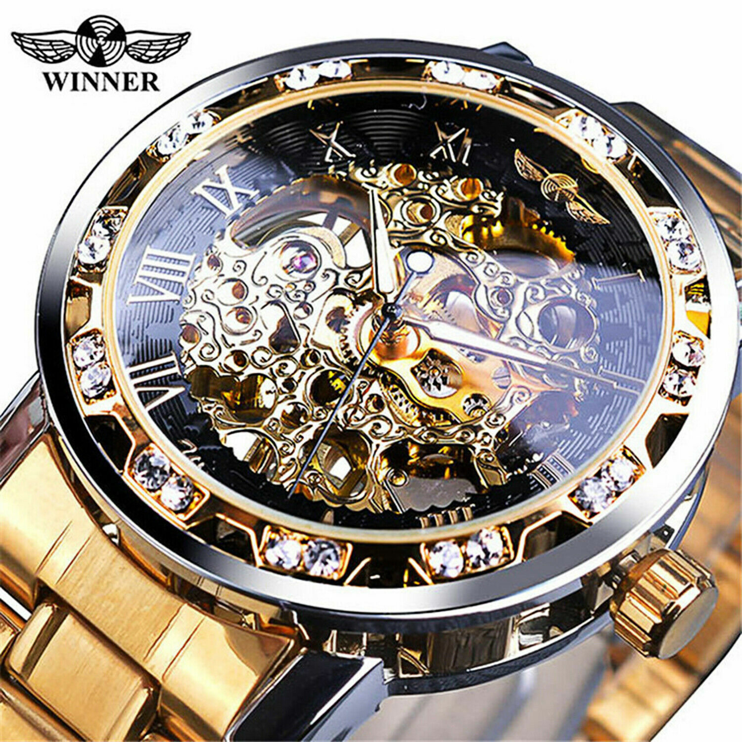 T-Winner Luxury Men’s Stainless Steel Diamond Hollow Mechanical Wrist Watches