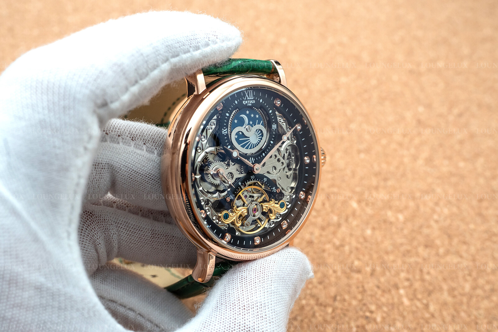 Mens Dual Time Automatic Mechanical Skeleton Watch Rose Gold Green Leather
