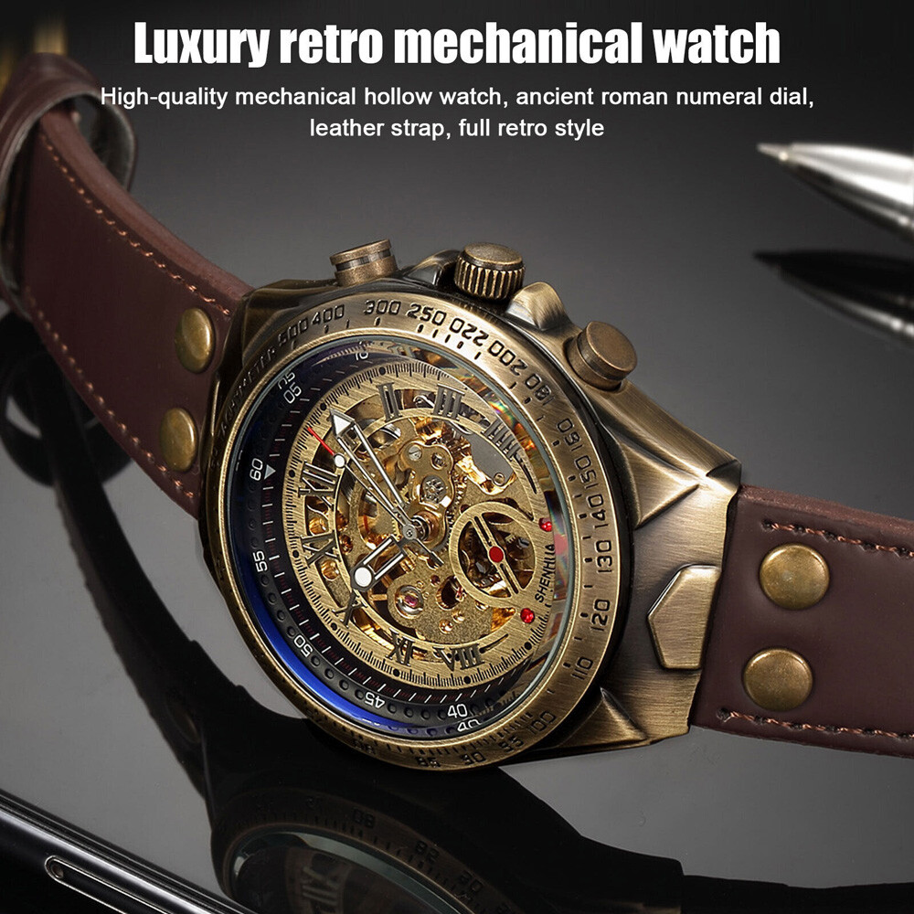 Luxury Men’s Automatic Mechanical Wrist Watch Leather Strap Retro Skeleton Style