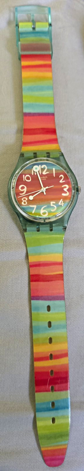 Swatch Color The Sky Quartz Analog 34mm Clear Case Rainbow Stripe Dial