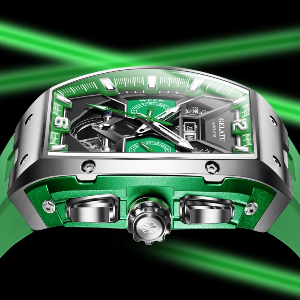 Men’s Automatic Mechanical Watch Tonneau Sapphire Glass 50M Waterproof Luminous