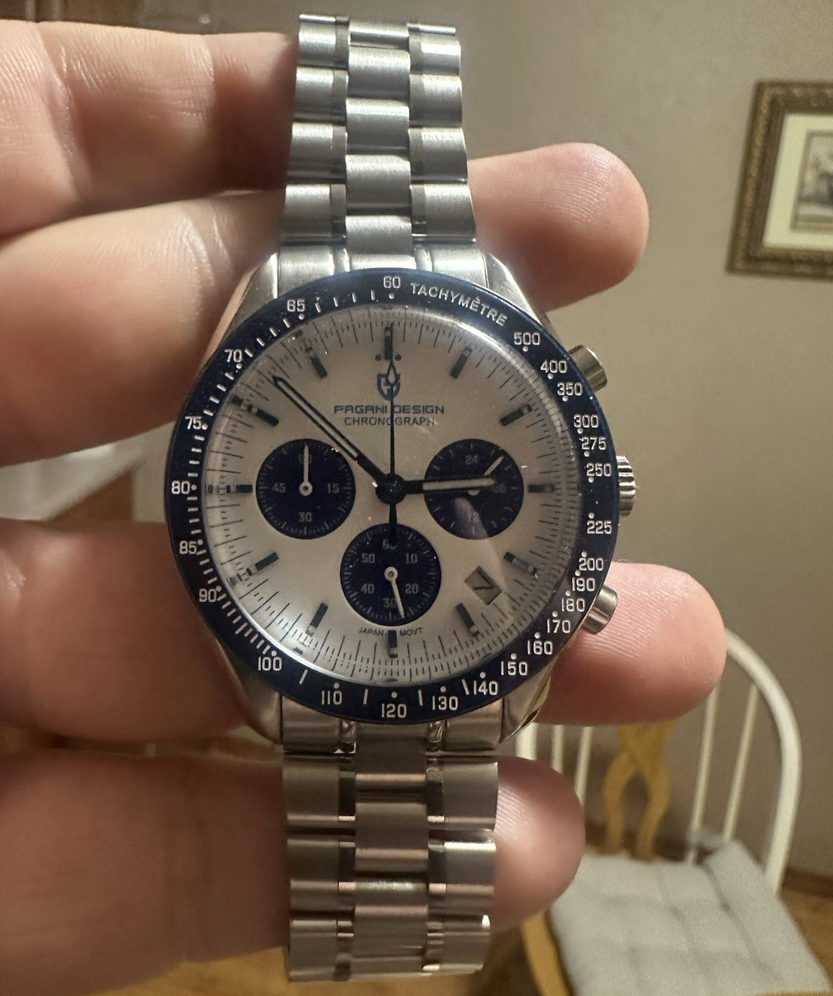 Pagani Design Quartz Chronograph Tachymeter Blue/White Dial SS Bracelet Box