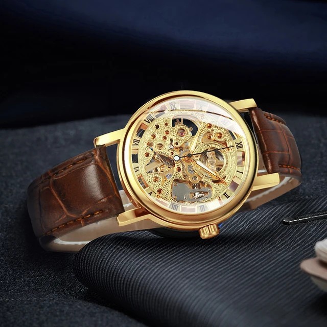 Jacob Transparent Gold Skeleton Mechanical Watch Casual Leather Strap Men