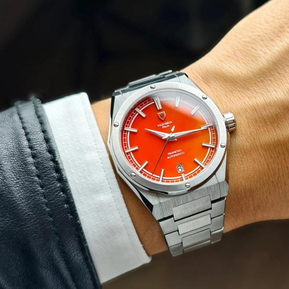 Viqueria Prometheus Agate Automatic Red Steel Date Stone Men’s Watch