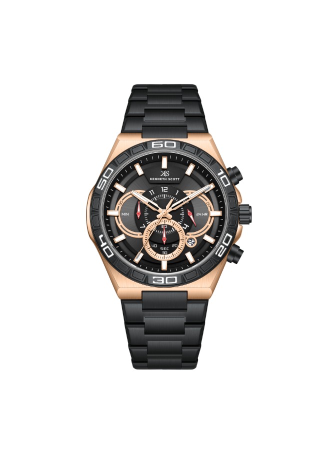 Kenneth Scott Men’s Chronograph Watch | Black Dial, Rose Gold Case, 43mm