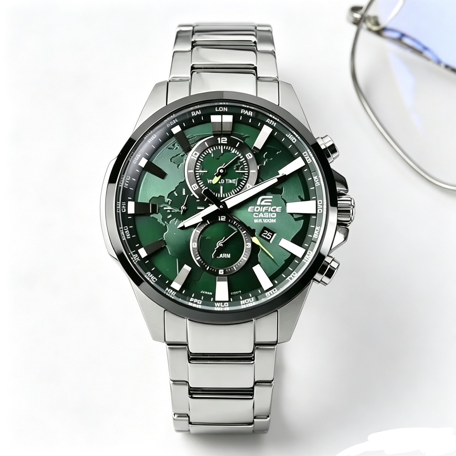 Casio Edifice EFR-303DB-3A Green Earth World Time Stainless Steel Sport Watch