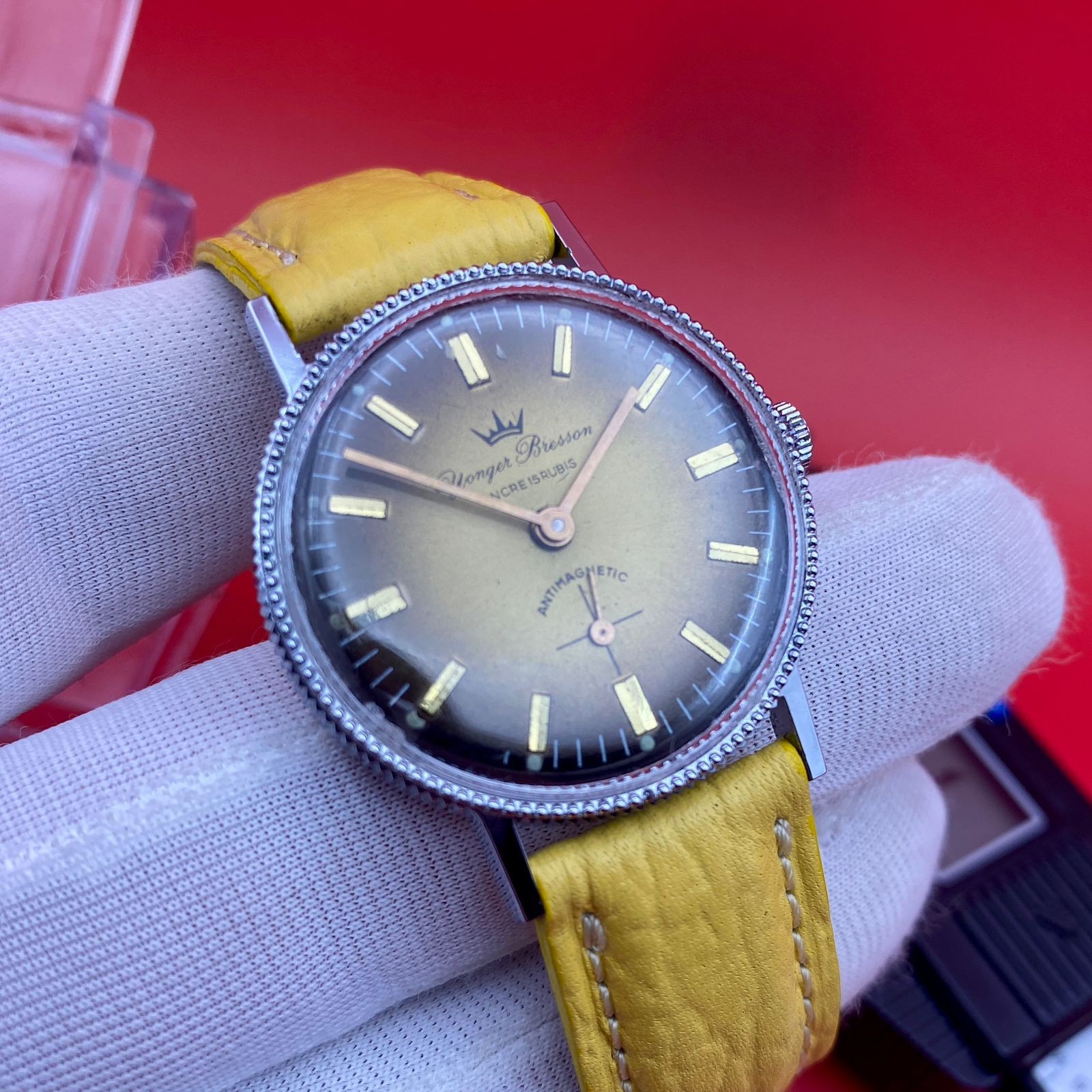 Vintage Yonger Bresson Watch Mens Manual WindSmall Second Gold Dial Yellow Strap