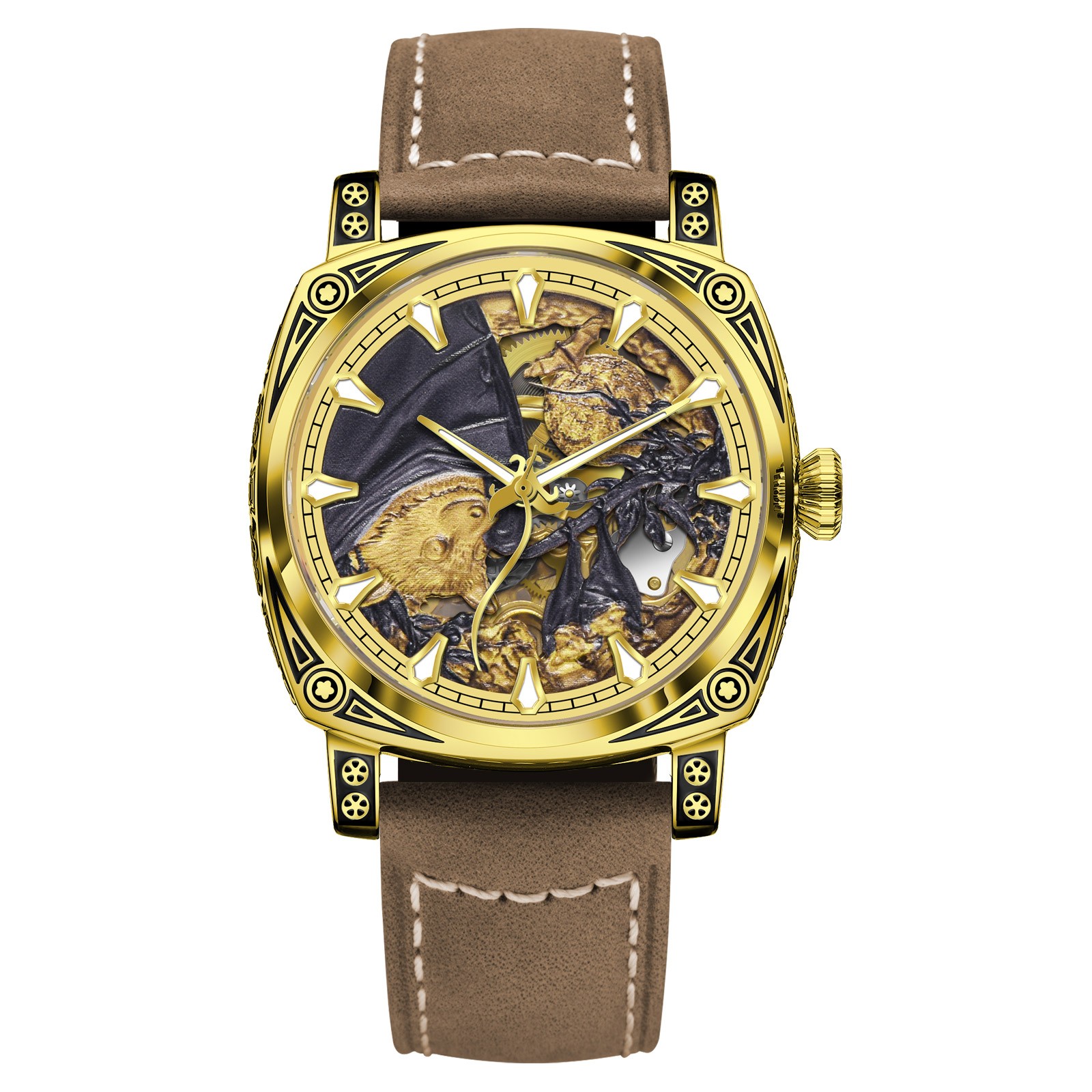 GLENAW Men’s Luxury Mechanical Watch with Skull Art Relief Dial Fashion Casual