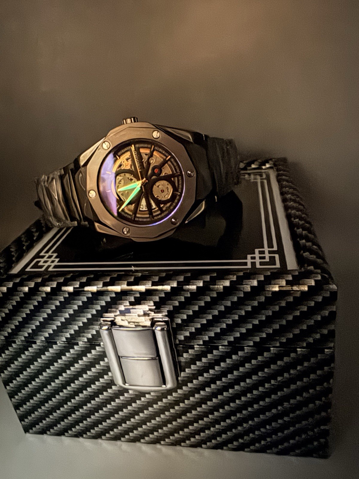 FORRAD Men’s Skeleton Dial Quartz Watch Black Stainless Steel w/ LED Display Box