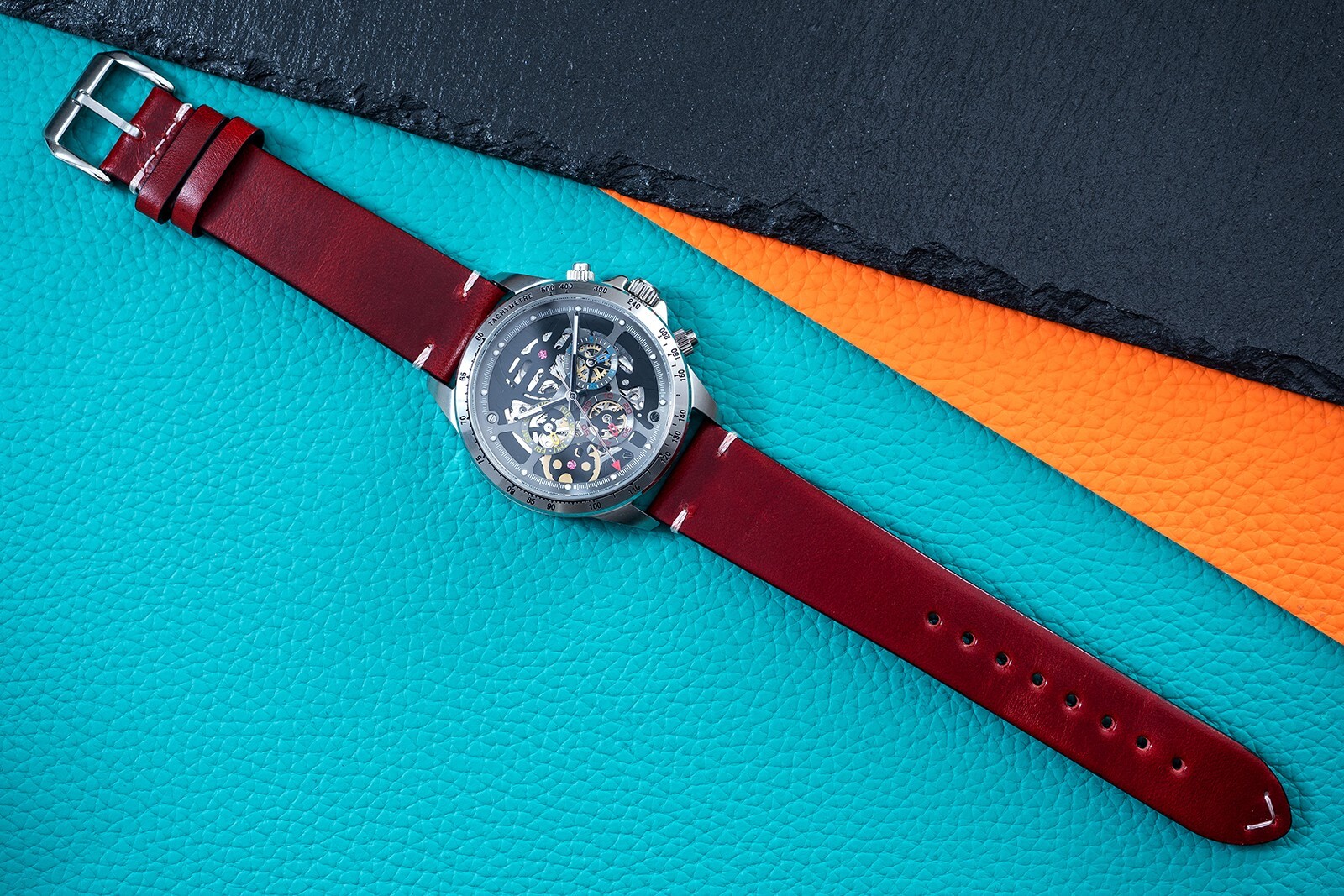 Mens Automatic Mechanical Watch Calendar Silver Dark Red Oil Waxed Leather Gift