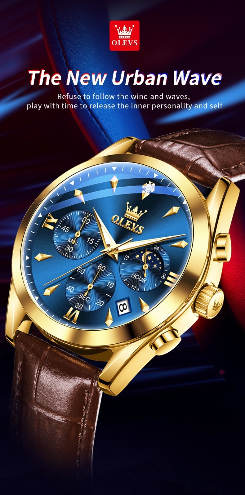 OLEVS 3609 Luminous Night Light Three Dial Japan Movement Leather Quartz Watch